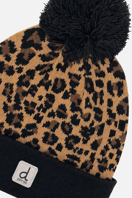 Knit hat with pompom in brown leopard print, view 4