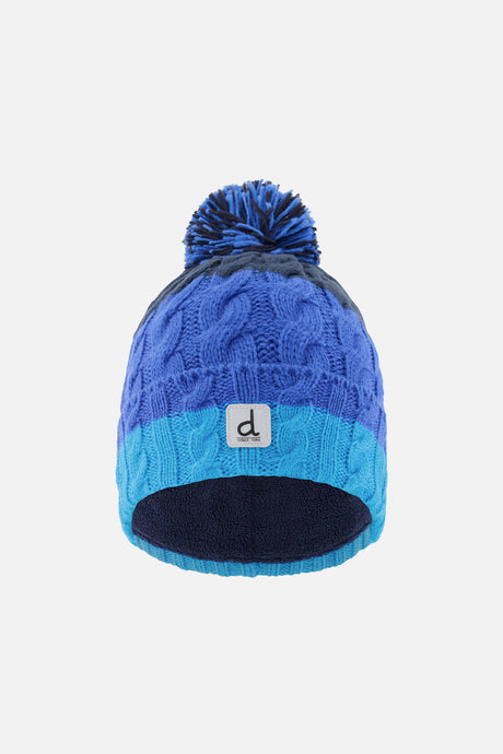 Deux par Deux boys' cable-knit pompom hat in dark blue, blue and light blue, front view