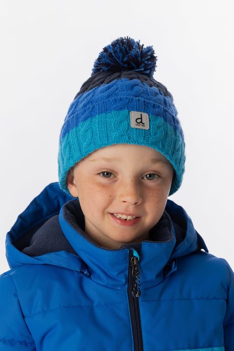 Child wearing the Deux par Deux dark blue colour-block pompom hat