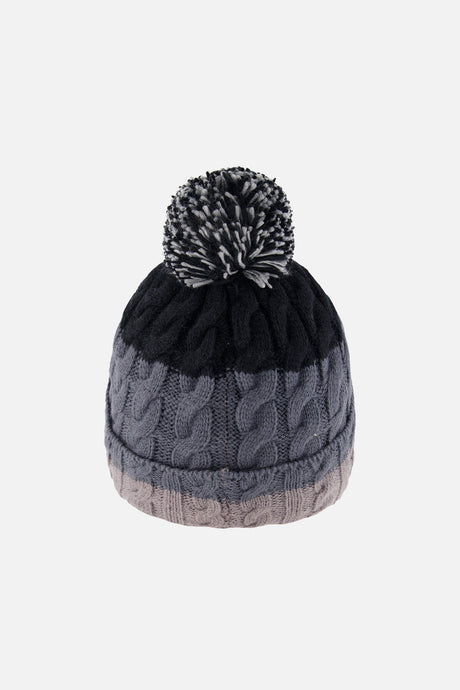 Deux par Deux kids' cable-knit pompom hat, black and grey colour block – back view