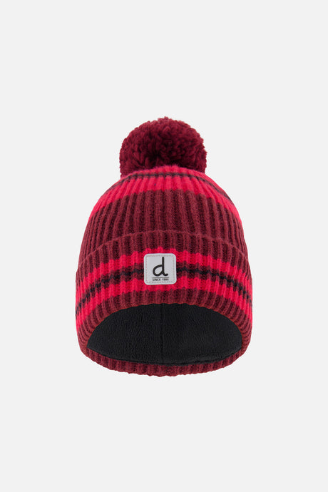 Deux par Deux boys' striped knit pompom hat in burgundy and red tones, front view