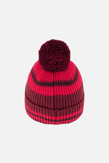 Deux par Deux boys' striped knit pompom hat in burgundy and red tones, back view