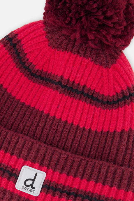 Close-up detail of the burgundy and red striped knit on the Deux par Deux hat