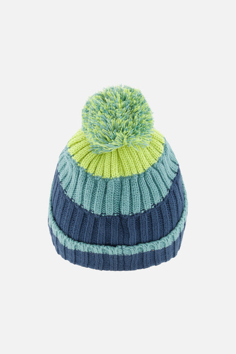 Deux par Deux kids' knit pompom hat, dark turquoise colour-block jacquard – back view