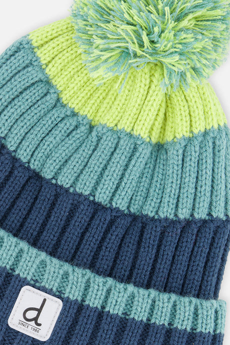 Deux par Deux kids' knit pompom hat, dark turquoise colour-block jacquard – alternate view