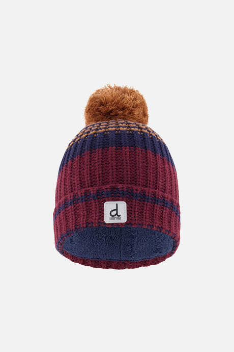 Deux par Deux boys' striped jacquard pompom hat in burgundy, brown and navy, front view