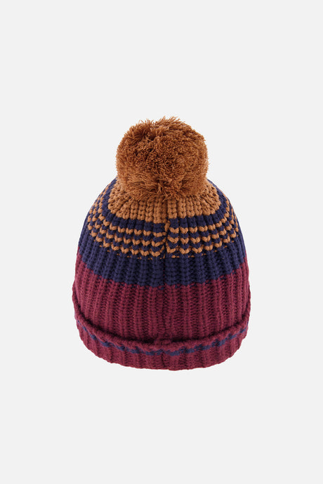 Deux par Deux boys' striped jacquard pompom hat in burgundy, brown and navy, back view