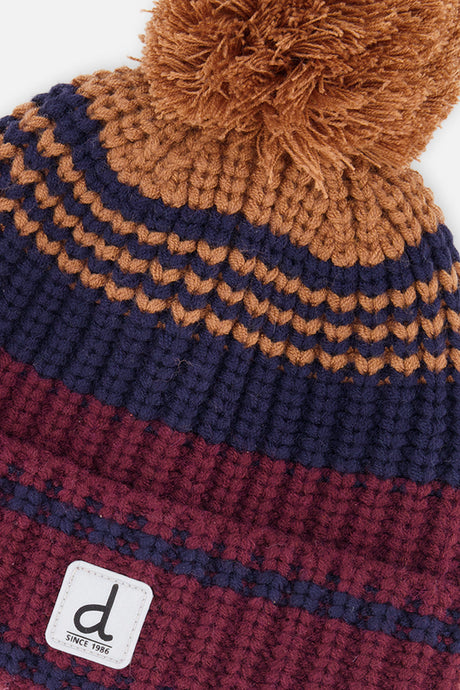 Close-up detail of the burgundy, brown and navy jacquard stripes on the Deux par Deux hat