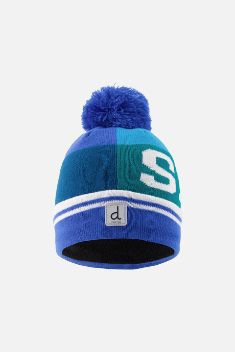 Deux par Deux boys' SKI band pompom hat in dark blue and turquoise, front view