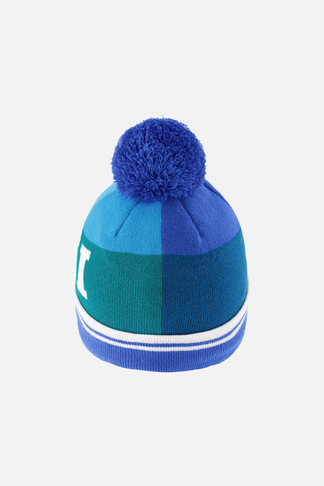 Deux par Deux boys' SKI band pompom hat in dark blue and turquoise, back view