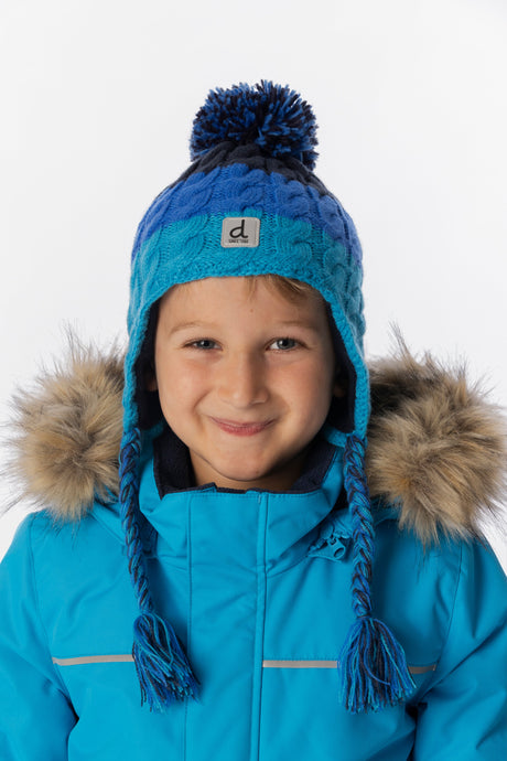 Deux par Deux kids' Peruvian knit hat with ear flaps in dark blue – worn by a child