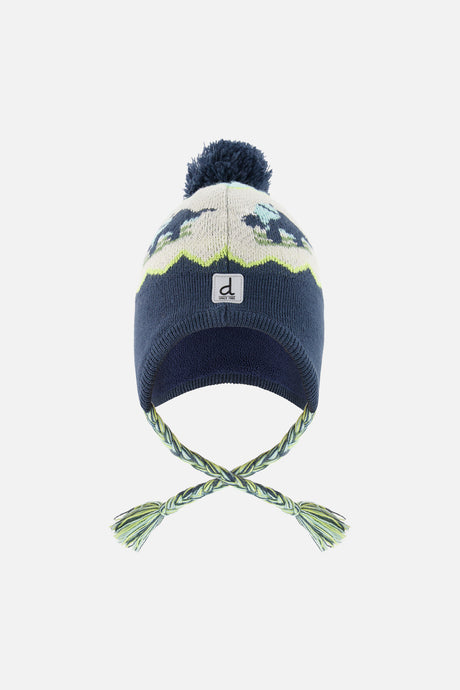 Deux par Deux kids' Peruvian dino ski jacquard hat in dark turquoise – front view