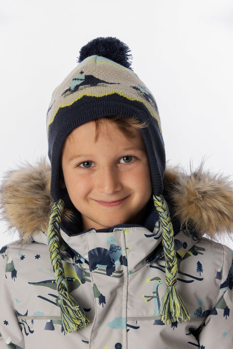 Deux par Deux kids' Peruvian dino ski jacquard hat in dark turquoise – worn by a child