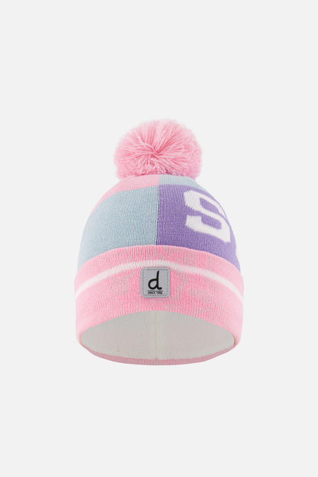 Deux par Deux girls' SKI band pompom hat in light blue and light pink, front view