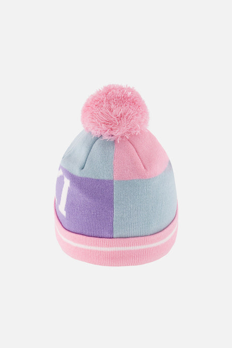 Deux par Deux girls' SKI band pompom hat in light blue and light pink, back view