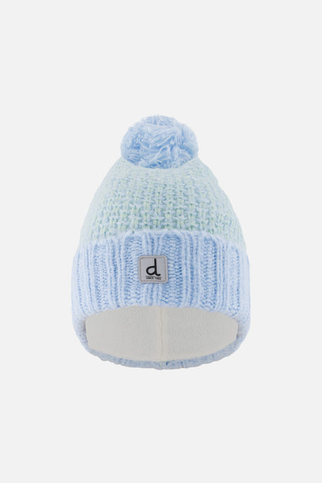 Deux par Deux kids' knit pompom hat in blue green – front view