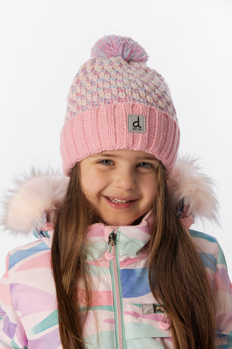 Deux par Deux kids' knit pompom hat, dusty pink and light blue – worn by a child