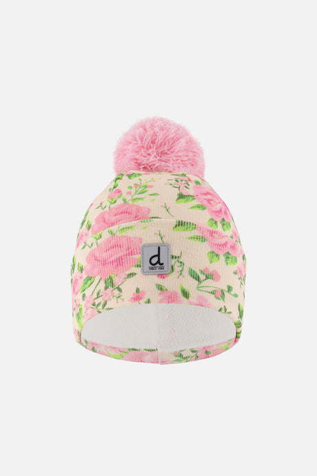 Deux par Deux kids' knit pompom hat, beige vintage rose print – front view