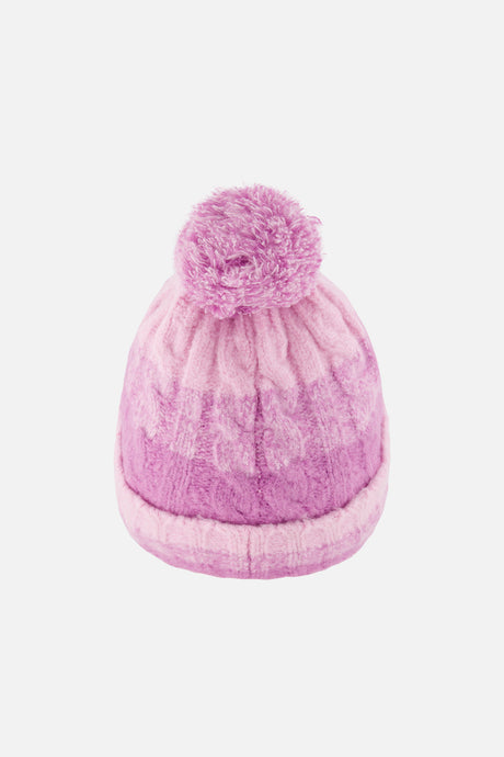 Deux par Deux kids' cable-knit cuffed pompom hat in pinkish violet – back view