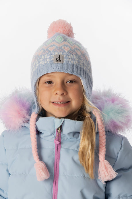 Deux par Deux girls' Fair Isle Peruvian hat in light blue – worn by a model