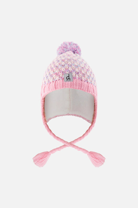 Deux par Deux girls' Peruvian earflap hat in dusty pink and light blue, front view