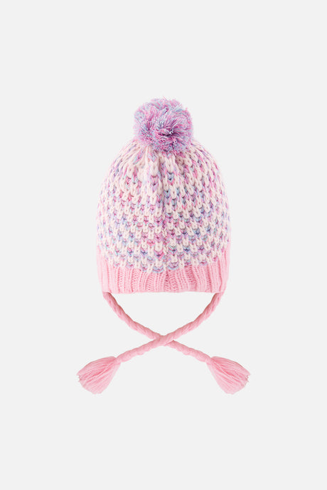 Deux par Deux girls' Peruvian earflap hat in dusty pink and light blue, back view