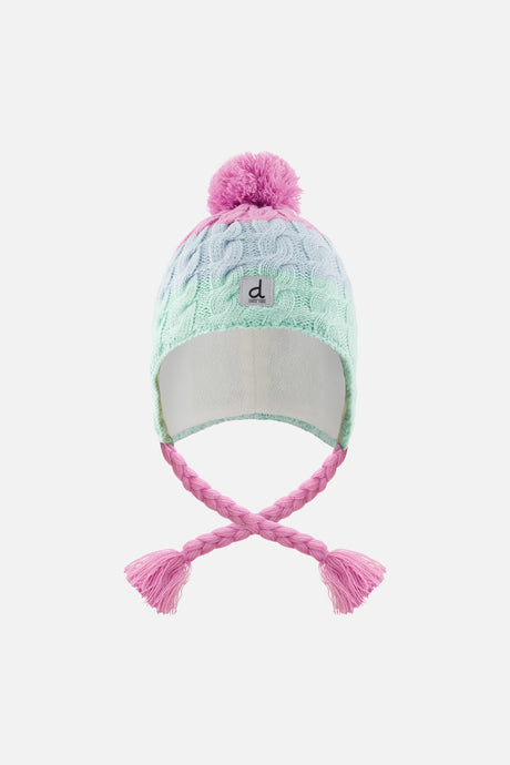Girls Deux par Deux Peruvian pompom hat in mint, light blue and violet cable knit with braided ties, flat lay front view
