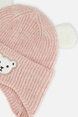 Baby Winter Knit Hat With Ear Flaps And Ears Pale Dusty Pink-3