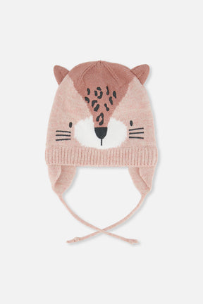 Baby Leopard Winter Knit Hat With Ear Flaps And Ears Pale Dusty Pink-0