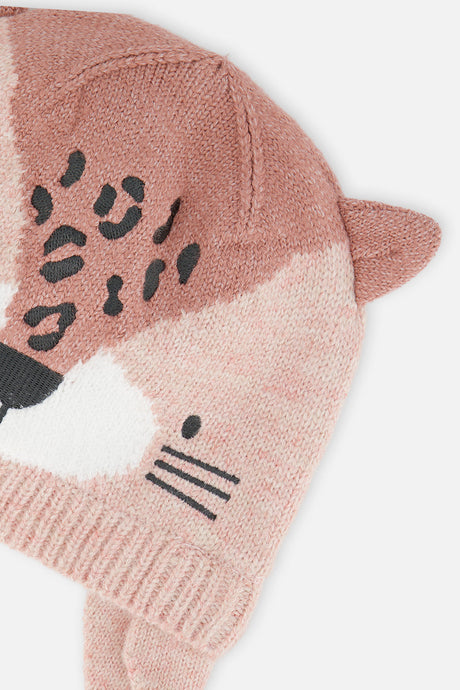 Baby Leopard Winter Knit Hat With Ear Flaps And Ears Pale Dusty Pink-3