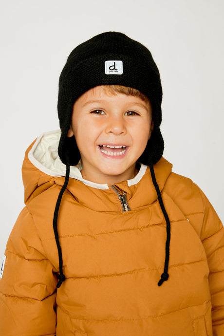 Baby Winter Knit Hat With Ear Flaps And Strings Noir-1