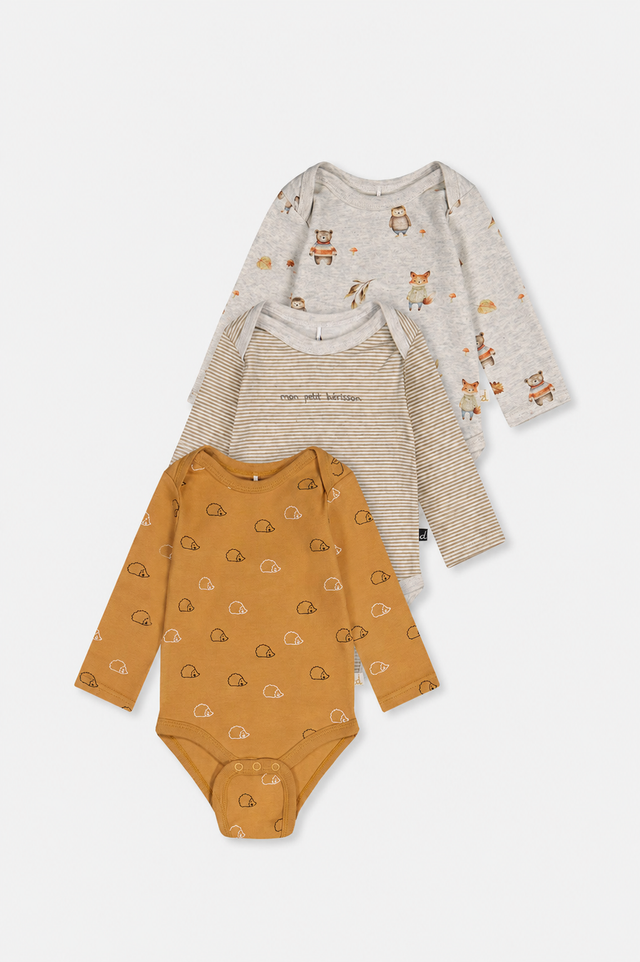 Three Pack Organic Cotton Onesie Brown Printed Hedgehogs-0