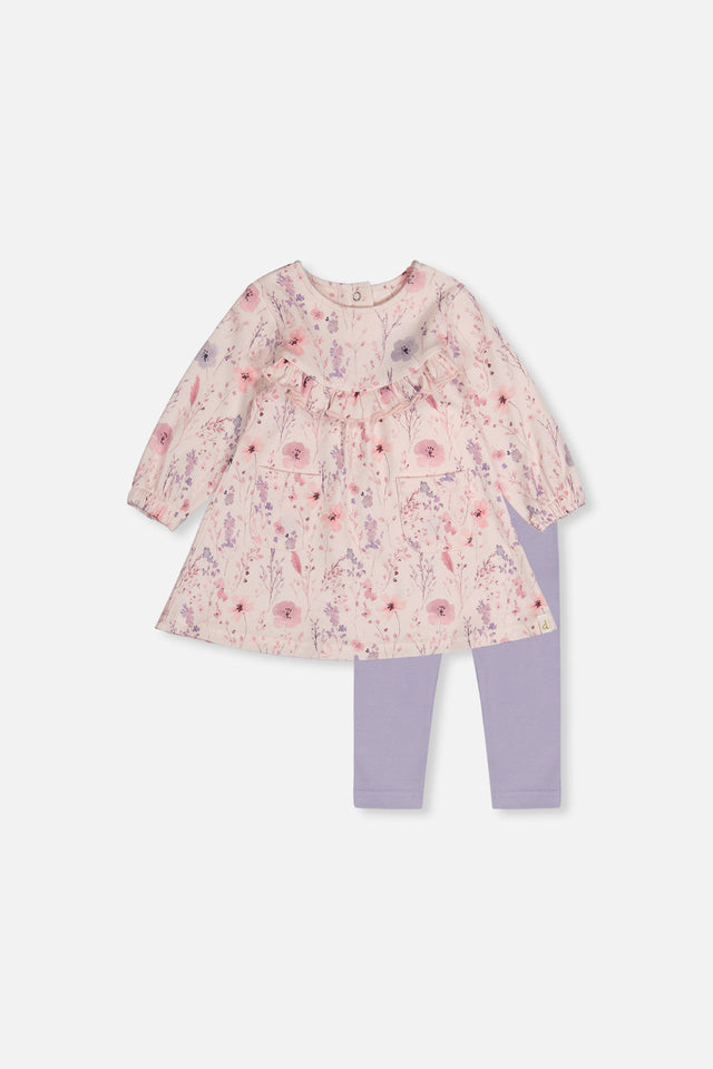 Organic Cotton Dress And Legging Set Pink Printed Flowers-0