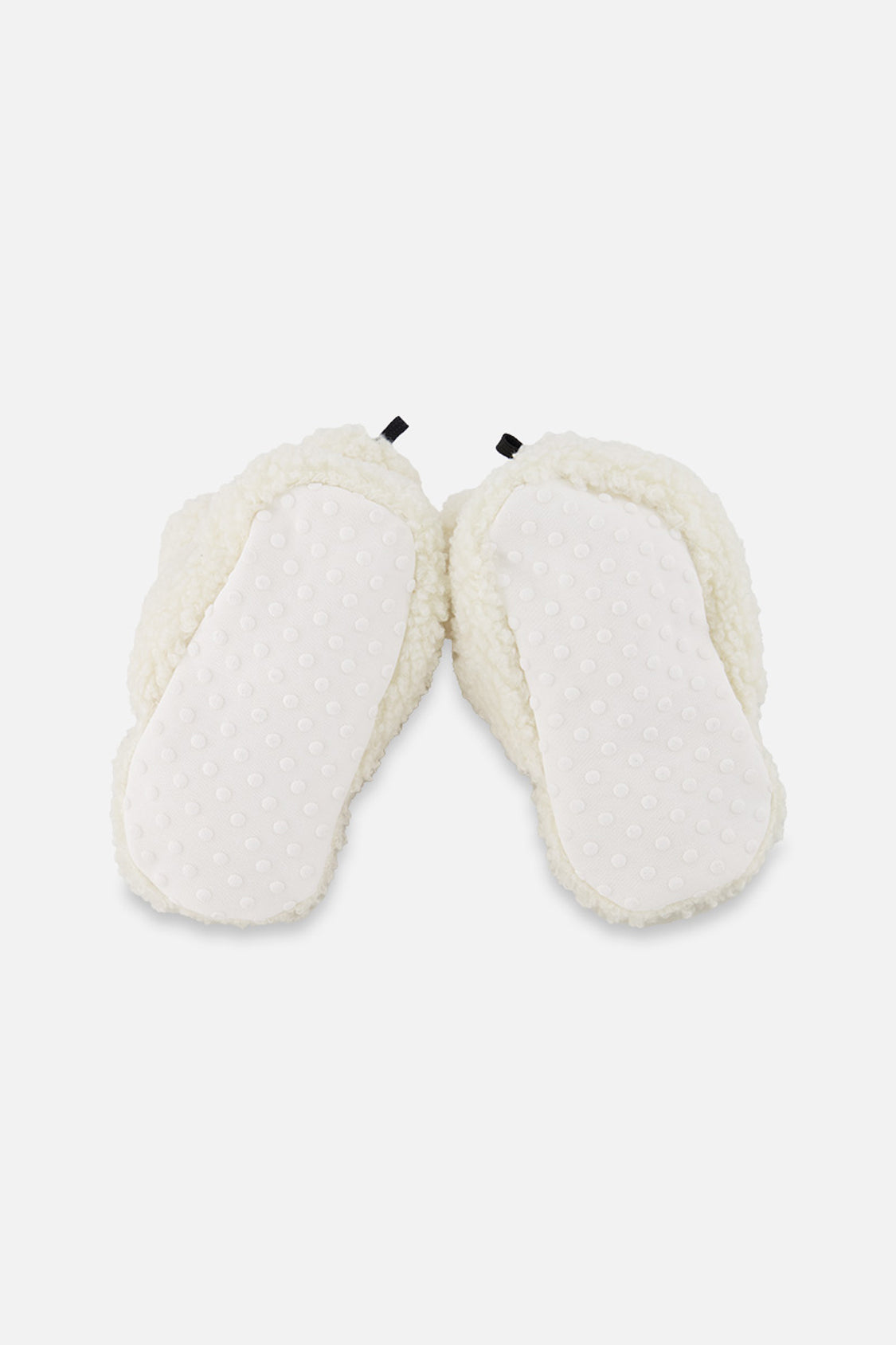 Deux par Deux off-white fuzzy baby slippers with cotton lining, back view