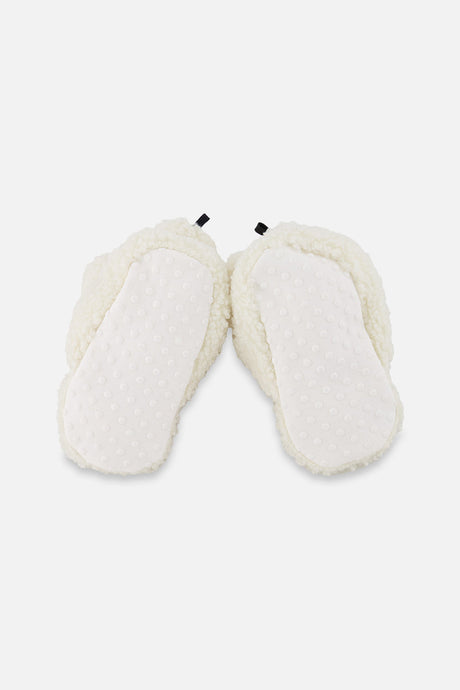 Deux par Deux off-white fuzzy baby slippers with cotton lining, back view