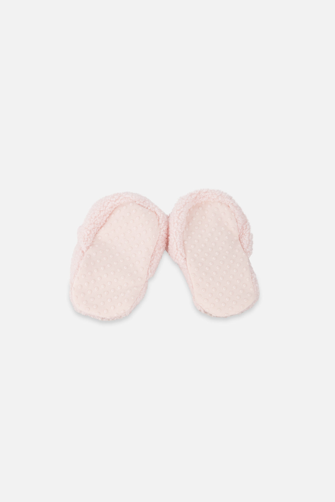 Deux par Deux light pink sherpa baby slippers with elastic cuffs, alternate view