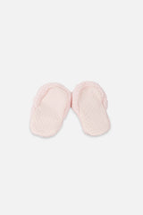 Deux par Deux light pink sherpa baby slippers with elastic cuffs, alternate view