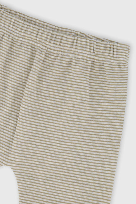 Close-up of the elastic waist and fine stripes on the Deux par Deux baby pants