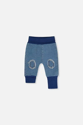 Deux par Deux baby French terry evolutive pants in light blue denim, front view