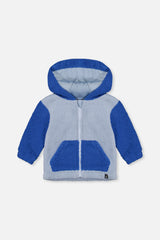 Two-tone blue sherpa hooded jacket for baby boys by Deux par Deux, front view with kangaroo pocket