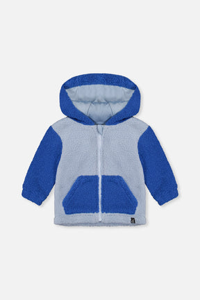 Two-tone blue sherpa hooded jacket for baby boys by Deux par Deux, front view with kangaroo pocket