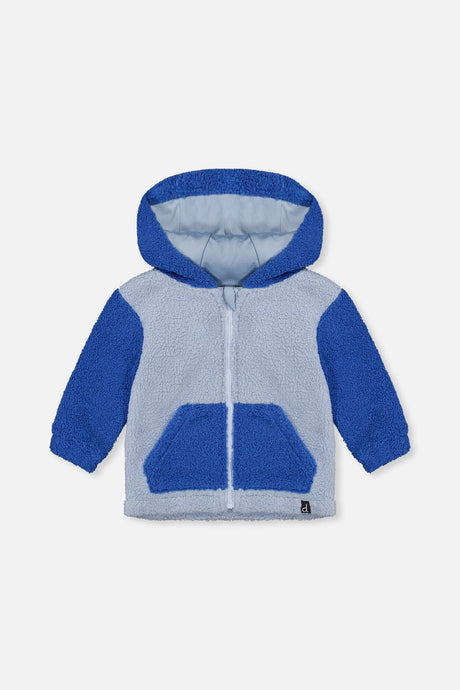 Two-tone blue sherpa hooded jacket for baby boys by Deux par Deux, front view with kangaroo pocket