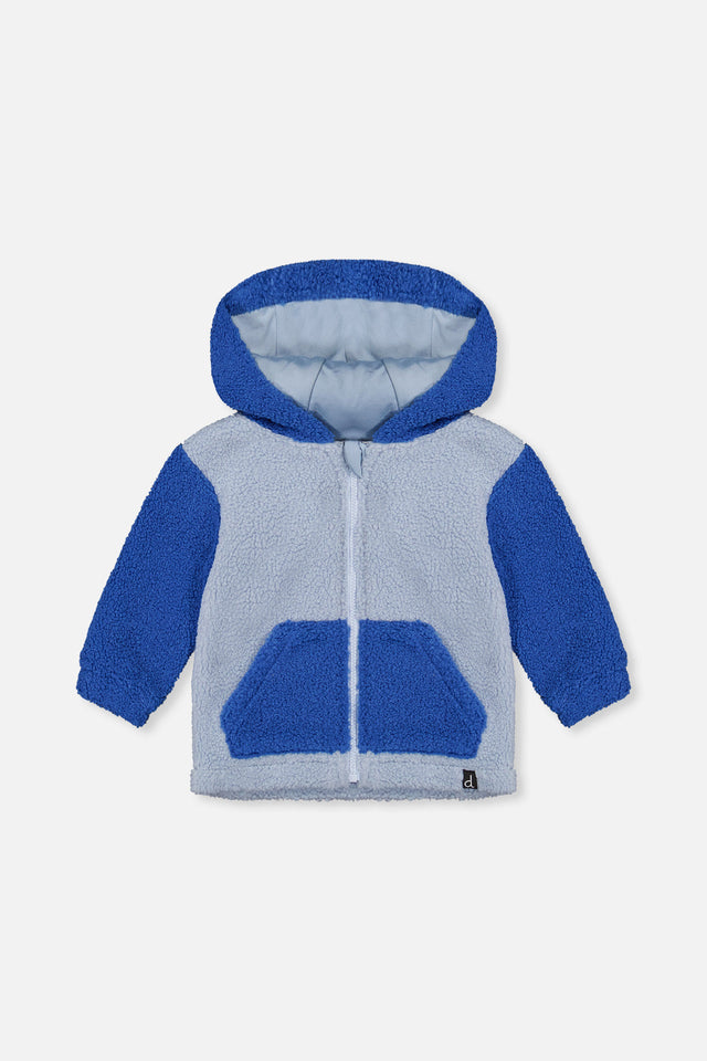 Two-tone blue sherpa hooded jacket for baby boys by Deux par Deux, front view with kangaroo pocket