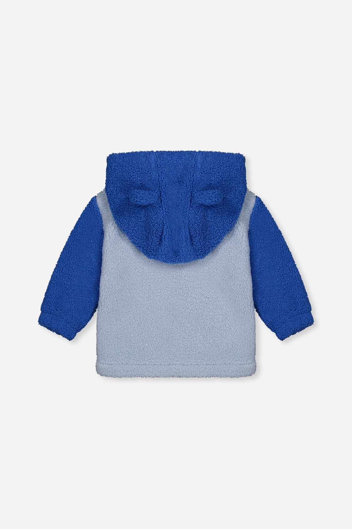 Two-tone blue sherpa hooded jacket for baby boys by Deux par Deux, back view with bear ears on the hood