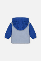 Two-tone blue sherpa hooded jacket for baby boys by Deux par Deux, back view with bear ears on the hood