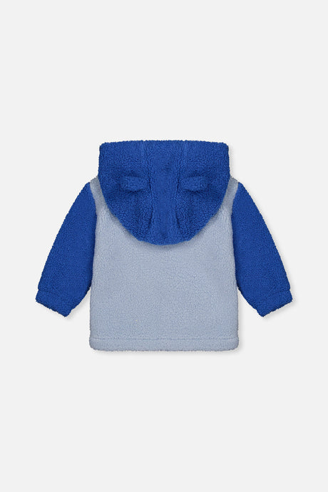 Two-tone blue sherpa hooded jacket for baby boys by Deux par Deux, back view with bear ears on the hood