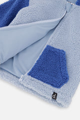 Unzipped Deux par Deux two-tone blue baby sherpa jacket showing the inside and the kangaroo pocket