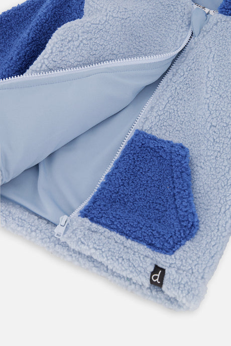 Unzipped Deux par Deux two-tone blue baby sherpa jacket showing the inside and the kangaroo pocket