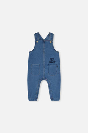 Deux par Deux baby boys French terry denim-look overall in light blue, front view