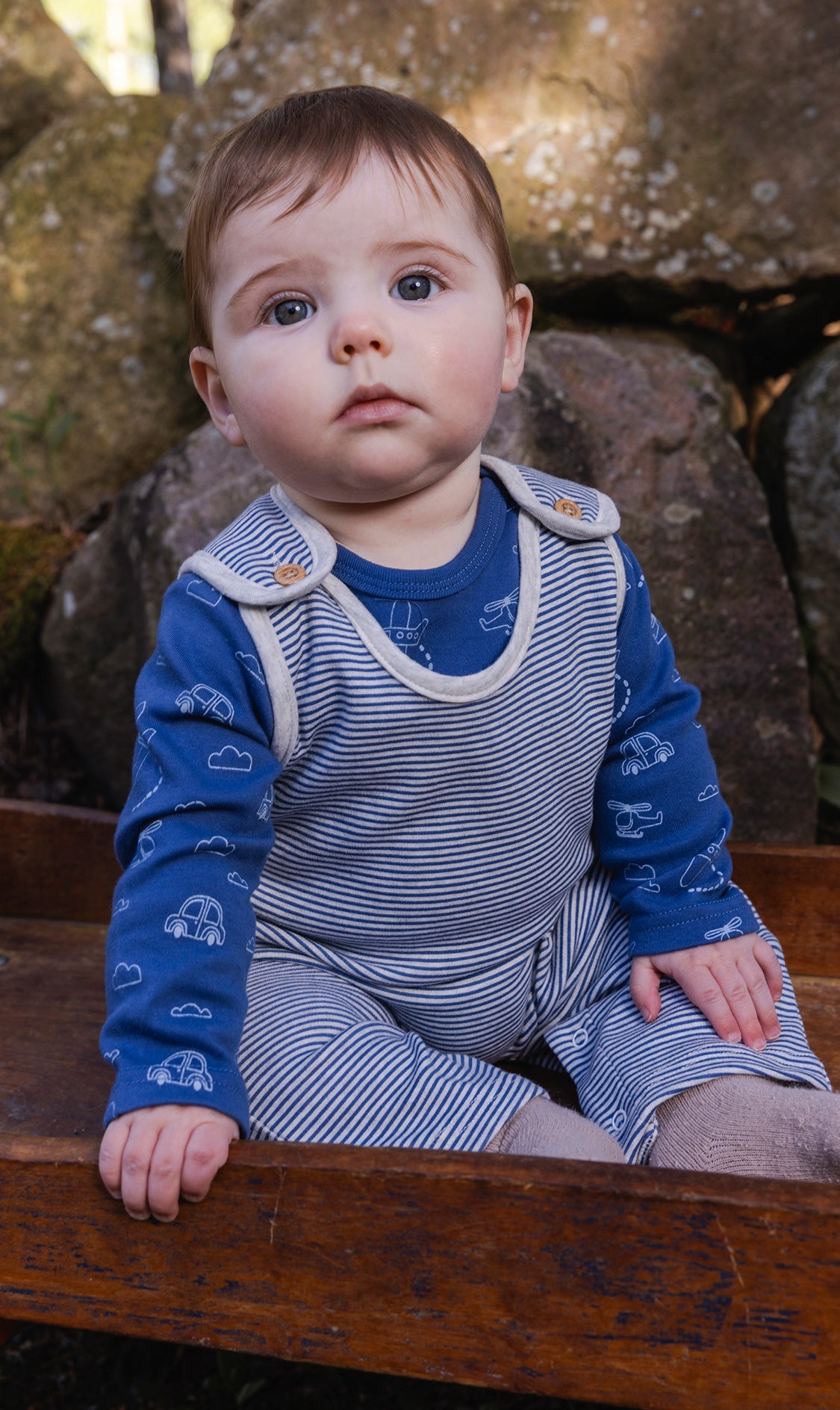 Organic Cotton Onesie With Overalls Set Blue Printed Transportation-1
